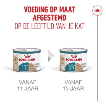 Royal Canin Katzenfutterdosen (11+ und 15+) mit niederländischer Überschrift 'ERNÄHRUNG NACH MASS' und Kennzeichnungen 'AB 11 JAHREN' und 'AB 15 JAHREN'.