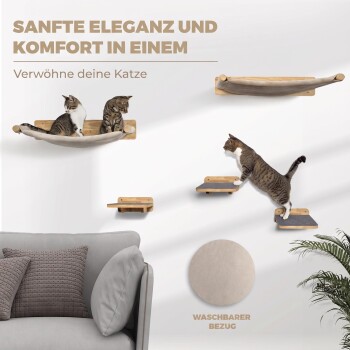 Zwei Katzen entspannen sich auf einer wandmontierten Hängematte mit Regalen. Text: "Sanfte Eleganz und Komfort" und "Verwöhne deine Katze." Nahaufnahme eines waschbaren Bezugs.