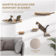 Zwei Katzen entspannen sich auf einer wandmontierten Hängematte mit Regalen. Text: "Sanfte Eleganz und Komfort" und "Verwöhne deine Katze." Nahaufnahme eines waschbaren Bezugs.