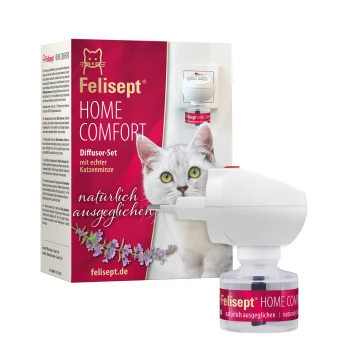 Felisep Home Comfort Diffusor-Set mit dem Gesicht einer weißen Katze auf der Box, mit Text auf Deutsch über natürliche Balance und Katzenminze.