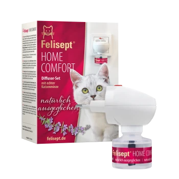 Zestaw dyfuzora Felisept HOME COMFORT z kocimiętką do wtyczki wraz z pudełkiem przedstawiającym białego kota.