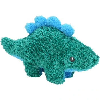 Puszysta turkusowa pluszowa zabawka w kształcie dinozaura z niebieskimi kolcami i czarnym oczkiem z guzika, idealna do zabawy dla zwierząt.