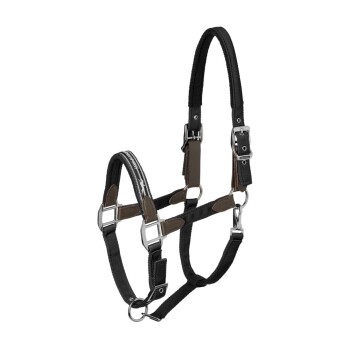 Schwarzes und braunes verstellbares Haustiergeschirr mit Metallschnallen und Clips, entworfen für Komfort und Kontrolle während der Spaziergänge.