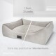 Haustierbett mit zwei Stilen, mit einem weichen, plüschigen Design und einem abnehmbaren Kissen. Der Text lautet "1 Bett, 2 Looks" und "Dank des praktischen Wendekissens."