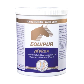 Behälter mit EQUIPUR Glykan-Gelenkergänzung für Pferde, zeigt eine Pferdesilhouette und Vorteile für Gelenke und Sehnen.