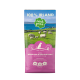 Beutel "Irish Pure" Hundefutter mit der Aufschrift "100% Irland," zeigt Schafe und Felder, mit "Erwachsen. Sensitiv," Lamm, Hähnchen, Gemüse und Algen.
