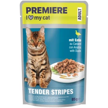 PREMIERE Katzenfutterbeutel: braun-getigerte Katze und Teller mit Entenstücken; sichtbarer Text „I ♥ my cat“, „ADULT“, „mit Ente / with Duck“, „TENDER STRIPES“, 85 g.