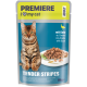 PREMIERE Katzenfutterbeutel: braun-getigerte Katze und Teller mit Entenstücken; sichtbarer Text „I ♥ my cat“, „ADULT“, „mit Ente / with Duck“, „TENDER STRIPES“, 85 g.