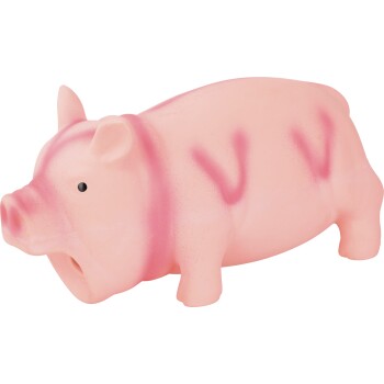 Pink rubber squeaky pig dog toy with darker pink stripes, open mouth hole and small black eye