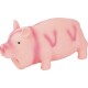 Pink rubber squeaky pig dog toy with darker pink stripes, open mouth hole and small black eye