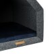Ein gemütliches Haustierbett mit einem grauen Filzaußenmaterial und einem weichen marineblauen Innenkissen, mit einem kleinen Lederetikett, das "REXPRODUCT.COM" liest.