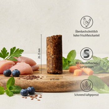 Ein zylindrisches Stück Haustierfutter (20-25 mm hoch, 10 mm Durchmesser) mit Symbolen, die einen hohen Fleischanteil und nährstoffreiche Superfoods zeigen.