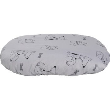 Rundes graues Haustierbett mit schwarz-weißen Cartoon-Hund- und Knochenmustern.