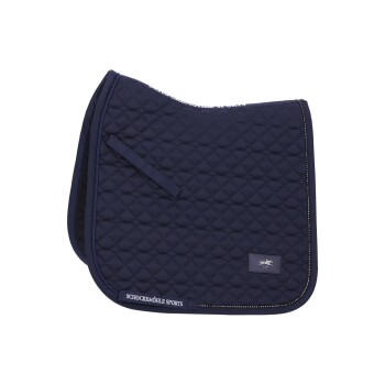Marineblaue, gesteppten Sattelunterlage mit weißem Rand und der Marke "SCHOCKEMÖHLE SPORTS" am Rand.