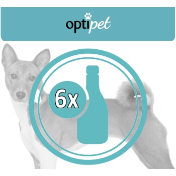 Bild einer Hundesilhouette mit einem türkisfarbenen kreisförmigen Design, das ein Flaschen-Icon und die Zahl '6x' zeigt, was auf ein Produktangebot von OptiPet hinweist.