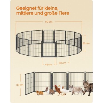 Metall-Tierlaufstall (80 cm H, 170 cm B) mit Kleintieren/Geflügel; Text: 'Geeignet für kleine, mittlere und große Tiere'.
