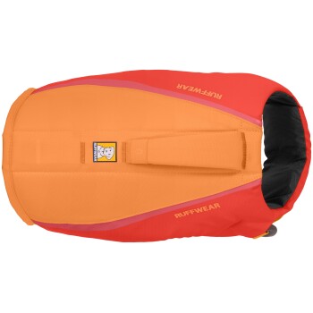 Orange und rotes Hundelebenweste von Ruffwear, mit einem Griff, Logo und reflektierenden Akzenten für Sicherheit.