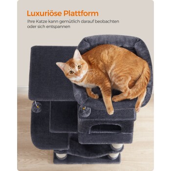 Ein grauer Katzenbaum mit einer entspannten orangefarbenen Katze oben und hängenden Spielzeugen. Text: "Luxuriöse Plattform - Ihre Katze kann entspannen."