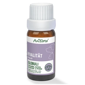Flasche mit AniForte Rivalität Globuli für Hunde, Katzen, Kleintiere und Pferde, mit einem lila Etikett mit Tiersilhouetten.