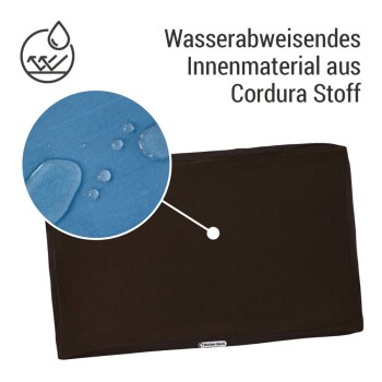 Wasserabweisendes Haustierbett mit einer Nahaufnahme des Cordura-Stoffs, der Wassertropfen zeigt, beschriftet "Wasserabweisendes Innenmaterial aus Cordura Stoff."