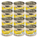 Zwölf Dosen 'GLÜCKSKIND' DOGS'n TIGER Katzenfutter, gelbes Design, mit einer Katze und der Aufschrift 'Huhn mit Forelle', 70% Fleischanteil.