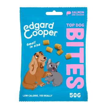 Edgard Cooper Top Dog Bites Verpackung mit einem Cartoon-Dackel und einem französischen Bulldoggen mit kleinen Hundeleckerlis, gekennzeichnet mit "Lachs und Huhn", 50g.
