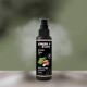 Schwarze Sprühflasche, beschriftet mit "ALPHAZOO Beauty Fellliebe" mit Illustrationen von Aloe Vera und Mandeln, 100 ml, für Haustiere.