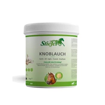 Behälter mit Stiefel Knoblauch (Knoblauch) Granulat für Pferde, beschriftet mit "100% reines Granulat," mit einem Pferdebild und Gesundheitsanspruch.