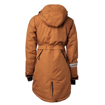 Rückansicht einer braunen, isolierten Winterjacke mit Kapuze, mit tailliertem Schnitt und reflektierenden Streifen an den Ärmeln.