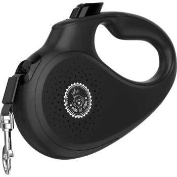 Schwarze ausziehbare Hundeleine mit einem strukturierten Griff und einem runden Logo, das das Gesicht eines Hundes und ein Kronendesign zeigt.