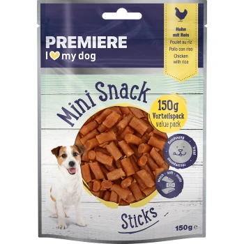 Mini Snack Sticks Huhn mit Reis 150 g Premiere I love my dog Mini Snack Sticks, 150g Wertpackung, mit weichen Hähnchen- und Reiskeksen für Hunde.