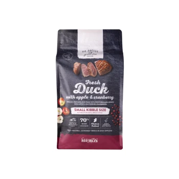 Bag of Go Native grain-free dog food with fresh duck, apple, cranberry, small kibble size, 70% meat content.