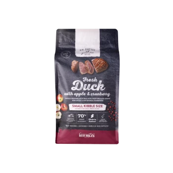 Bag of Go Native grain-free dog food with fresh duck, apple, cranberry, small kibble size, 70% meat content.
