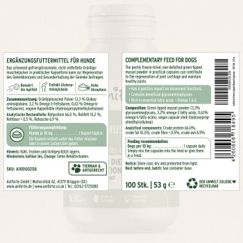 Ergänzungsfutter für Hunde in Kapsel-Form, mit Grünlippmuschel-Pulver. Enthält nützliche Glycosaminoglykane.