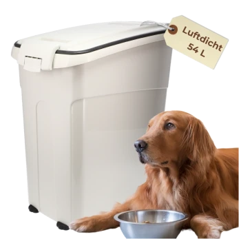 Beiger luftdichter 54‑L-Futterbehälter mit Aufschrift „Luftdicht 54 L“ neben einem liegenden Golden Retriever und einer Metallschale.