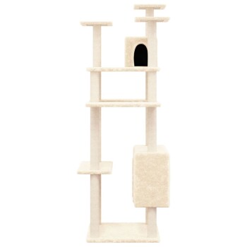 Ein hoher, beiger Katzenbaum mit mehreren Plattformen, einem gemütlichen Versteck und Kratzpfosten, entworfen für das Spielen und Ausruhen von Katzen.