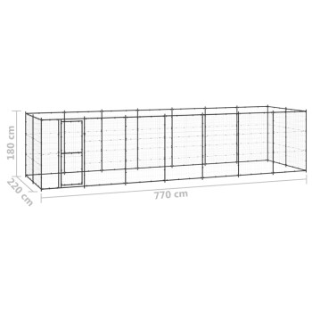 Ein großes Außengehege für Haustiere mit den Abmessungen 770 cm x 220 cm x 180 cm, mit einer Tür und einem Drahtgitterdesign.