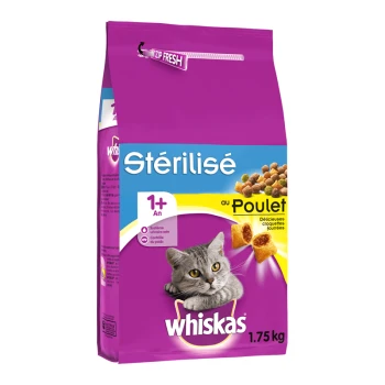 Croquettes au poulet pour chat adulte stérilisé 1,75kg Sac de nourriture pour chats Whiskas, 1,75 kg, avec un chat gris sur le devant, étiqueté "Stérilisé au Poulet" et "1+ An."