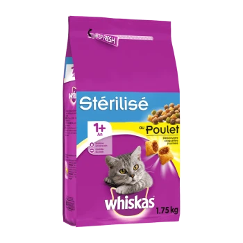 Sac de nourriture pour chats Whiskas, 1,75 kg, avec un chat gris sur le devant, étiqueté "Stérilisé au Poulet" et "1+ An."