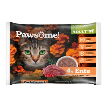 Pawsome! Die Verpackung des Katzenfutters zeigt das Gesicht einer Katze und eine Entenschüssel. Höhepunkte: "4 Beutel-Wertpackung", "Getreidefrei", "88% tierische Zutaten."