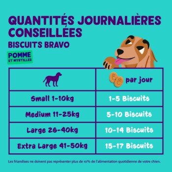 Graphique coloré intitulé "QUANTITÉS JOURNALIERES CONSEILLÉES" pour "BISCUITS BRAVO" montrant les recommandations quotidiennes de biscuits selon le poids du chien.