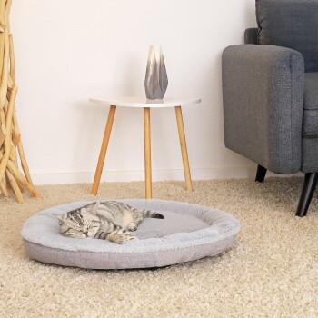 Grau getigerte Katze schläft auf einem runden grauen Plüsch-Tierbett auf beigem Teppich neben einem weißen Beistelltisch und einem grauen Sessel.