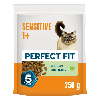 Perfect Fit Sensitive 1+ Katzenfuttertüte mit Katzenfoto, Kroketten, 'Reich an Truthahn', 'Total 5 Formula', 750 g.