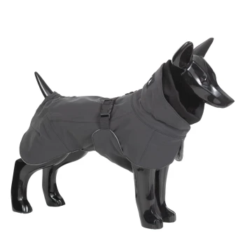 Ein schwarzer Schaufensterhund, der einen stilvollen grauen wasserdichten Hundemantel mit Kapuze und verstellbaren Riemen trägt.