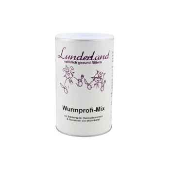 Behälter von "Wurmprofi-Mix" von Lunderland, mit Cartoon-Hund und -Katze, der die Darmgesundheit und Wurmprävention fördert.