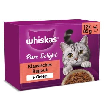 Whiskas Pure Delight Katzenfutterbox, violett, grau getigerte Katze, Aufschrift 'Klassisches Ragout in Gelee', '12x 85 g'