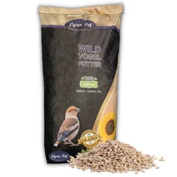 Sonnenblumenkerne geschält 10 kg Eine Tüte Lyra Pet Wild Vogel Futter Vogelfutter mit einer bunten Vogelillustration, beschriftet mit "100% natürlich" und "10 Jahren Beste Qualität."