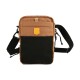 Braun-schwarze Crossbody-Leckerlibeutel für Haustiere mit verstellbarem Riemen, gelbem Patch mit der Aufschrift WOOLLY WOLF.