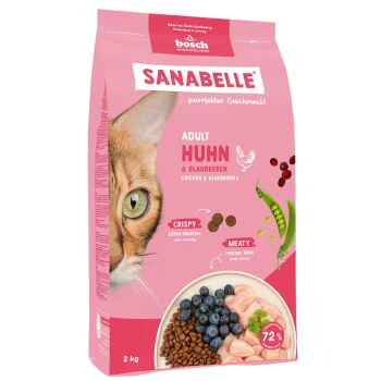 Katzenfutterbeutel mit einer Nahaufnahme des Gesichts einer Katze, beschriftet 'SANABELLE ADULT HUHN & BLAUBEEREN' (Huhn & Blaubeeren), 2 kg.
