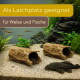 Aquarium mit Treibholz-Höhlen, Welsen und Tetras; deutscher Text: 'Als Laichplatz geeignet' / 'für Welse und Fische'